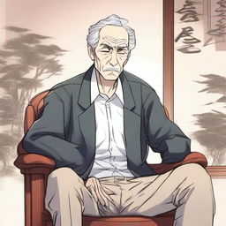 An old man is sitting on a chair, thinking deeply while looking to the left, illustrated in a detailed manhwa style