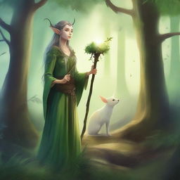 A detailed fantasy illustration of an elf druid standing in a mystical forest