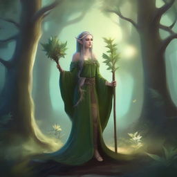 A detailed fantasy illustration of an elf druid standing in a mystical forest