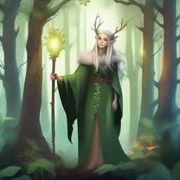 A detailed fantasy illustration of an elf druid standing in a mystical forest