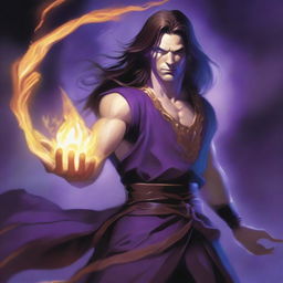 A white-skinned sorcerer with long, obscure hair tied in a knob, wearing a brown sleeveless tunic and a black leather belt