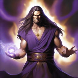 A white-skinned sorcerer with long, obscure hair tied in a knob, wearing a brown sleeveless tunic and a black leather belt