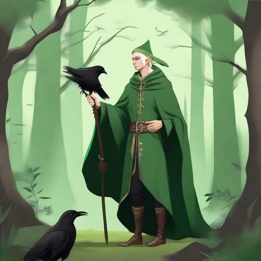 A male elf druid dressed in green clothes, holding a magic natural staff, accompanied by a crow