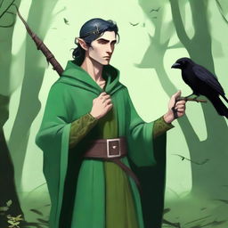 A male elf druid dressed in green clothes, holding a magic natural staff, accompanied by a crow