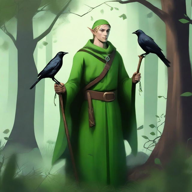 A male elf druid dressed in green clothes, holding a magic natural staff, accompanied by a crow