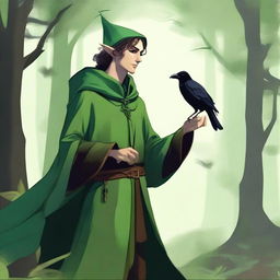 A male elf druid dressed in green clothes, holding a magic natural staff, accompanied by a crow