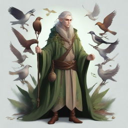 A male elf druid, deeply connected with nature, wearing clothes made of natural materials and holding a magical staff