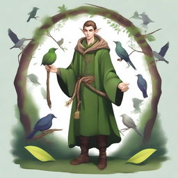 A male elf druid, deeply connected with nature, wearing clothes made of natural materials and holding a magical staff