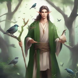 A male elf druid, deeply connected with nature, wearing clothes made of natural materials and holding a magical staff