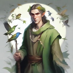 A male elf druid, deeply connected with nature, wearing clothes made of natural materials and holding a magical staff