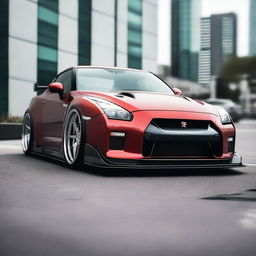 A Liberty Walk Nissan GTR with no logo, showcasing its wide body kit and aggressive stance
