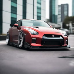 A Liberty Walk Nissan GTR with no logo, showcasing its wide body kit and aggressive stance