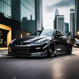 A Liberty Walk Nissan GTR with no logo, showcasing its wide body kit and aggressive stance