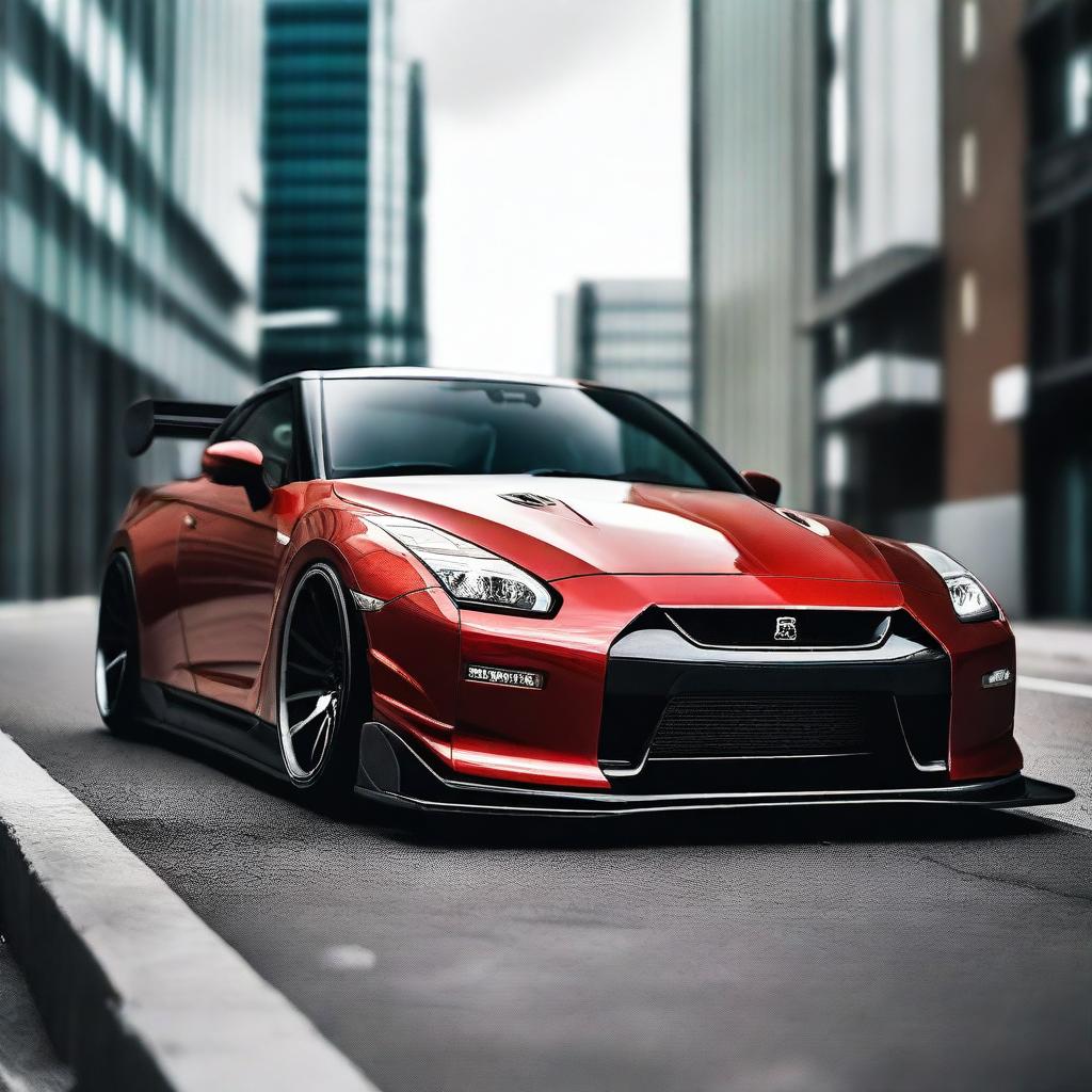 A Liberty Walk Nissan GTR with no logo, showcasing its wide body kit and aggressive stance