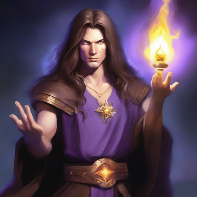 A white-skinned sorcerer with long brown hair and a light star on his forehead