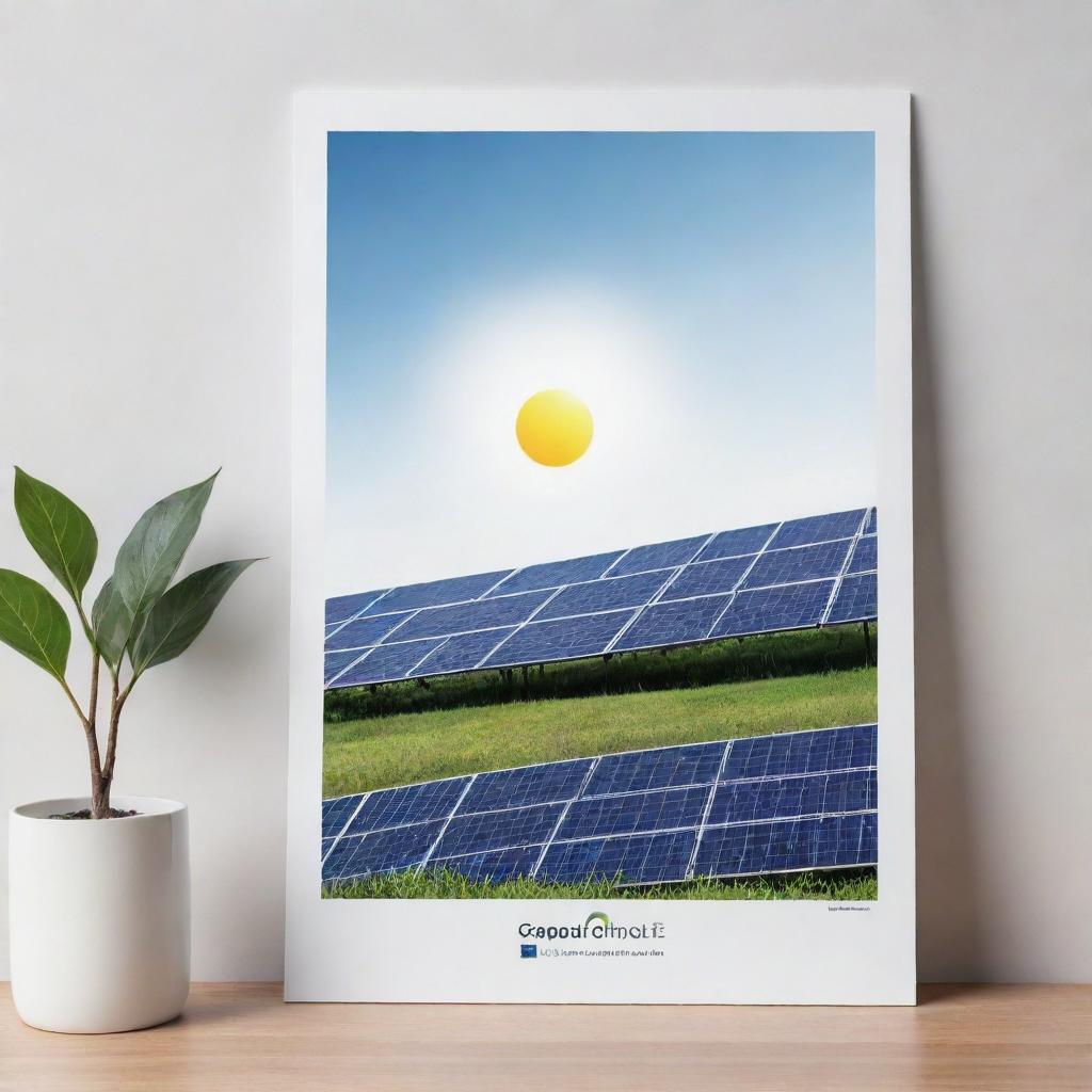 A landscape-oriented real imagery poster for a solar energy company: images featuring solar panels, with a pure white, elegant and simple background.