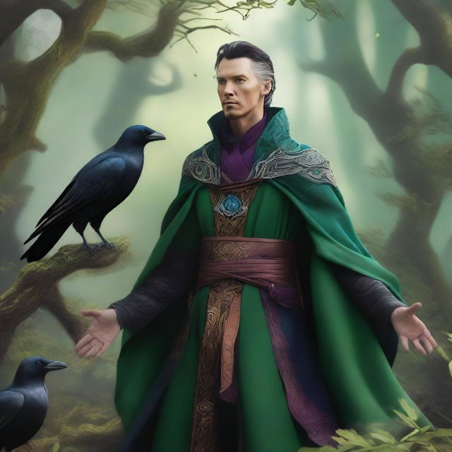 A man elf druid, reminiscent of Doctor Strange, surrounded by elements of nature and accompanied by crows