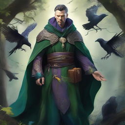 A man elf druid, reminiscent of Doctor Strange, surrounded by elements of nature and accompanied by crows