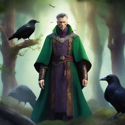 A man elf druid, reminiscent of Doctor Strange, surrounded by elements of nature and accompanied by crows