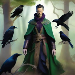 A man elf druid, reminiscent of Doctor Strange, surrounded by elements of nature and accompanied by crows