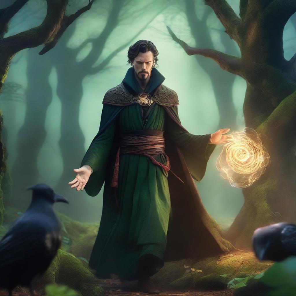 A man elf druid, resembling Doctor Strange, is depicted in a mystical forest