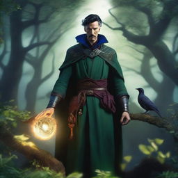 A man elf druid, resembling Doctor Strange, is depicted in a mystical forest