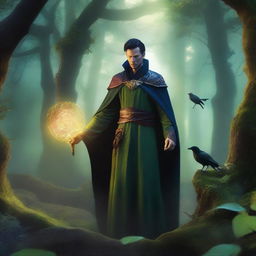 A man elf druid, resembling Doctor Strange, is depicted in a mystical forest