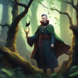 A man elf druid, resembling Doctor Strange, is depicted in a mystical forest