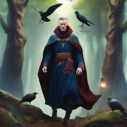 A man elf druid, resembling Doctor Strange, is depicted in a mystical forest