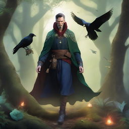 A man elf druid, resembling Doctor Strange, is depicted in a mystical forest