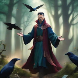 A man elf druid, resembling Doctor Strange, is depicted in a mystical forest