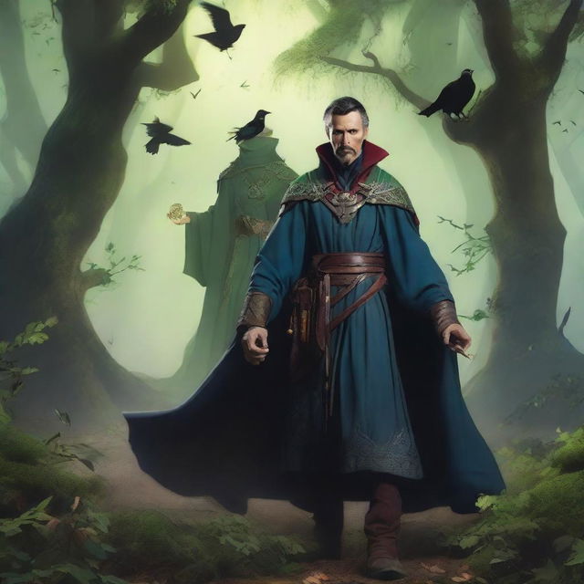 A man elf druid, resembling Doctor Strange, is depicted in a mystical forest