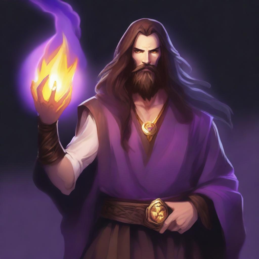 A white-skinned sorcerer with long brown hair and a brown beard, wearing a light star on his forehead