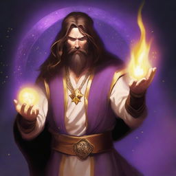 A white-skinned sorcerer with long brown hair and a brown beard, wearing a light star on his forehead