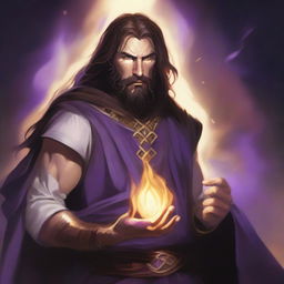 A white-skinned sorcerer with long brown hair and a brown beard, wearing a light star on his forehead