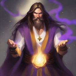 A white-skinned sorcerer with long brown hair and a brown beard, wearing a light star on his forehead