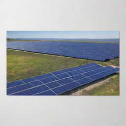 A landscape-oriented real imagery poster for a solar energy company: images featuring solar panels, with a pure white, elegant and simple background.