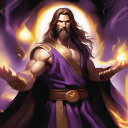 A white-skinned sorcerer with long brown hair, a brown beard, and a light star on his forehead