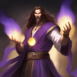 A white-skinned sorcerer with long brown hair, a brown beard, and a light star on his forehead