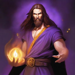 A white-skinned sorcerer with long brown hair, a brown beard, and a light star on his forehead