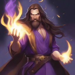 A white-skinned sorcerer with long brown hair, a brown beard, and a light star on his forehead