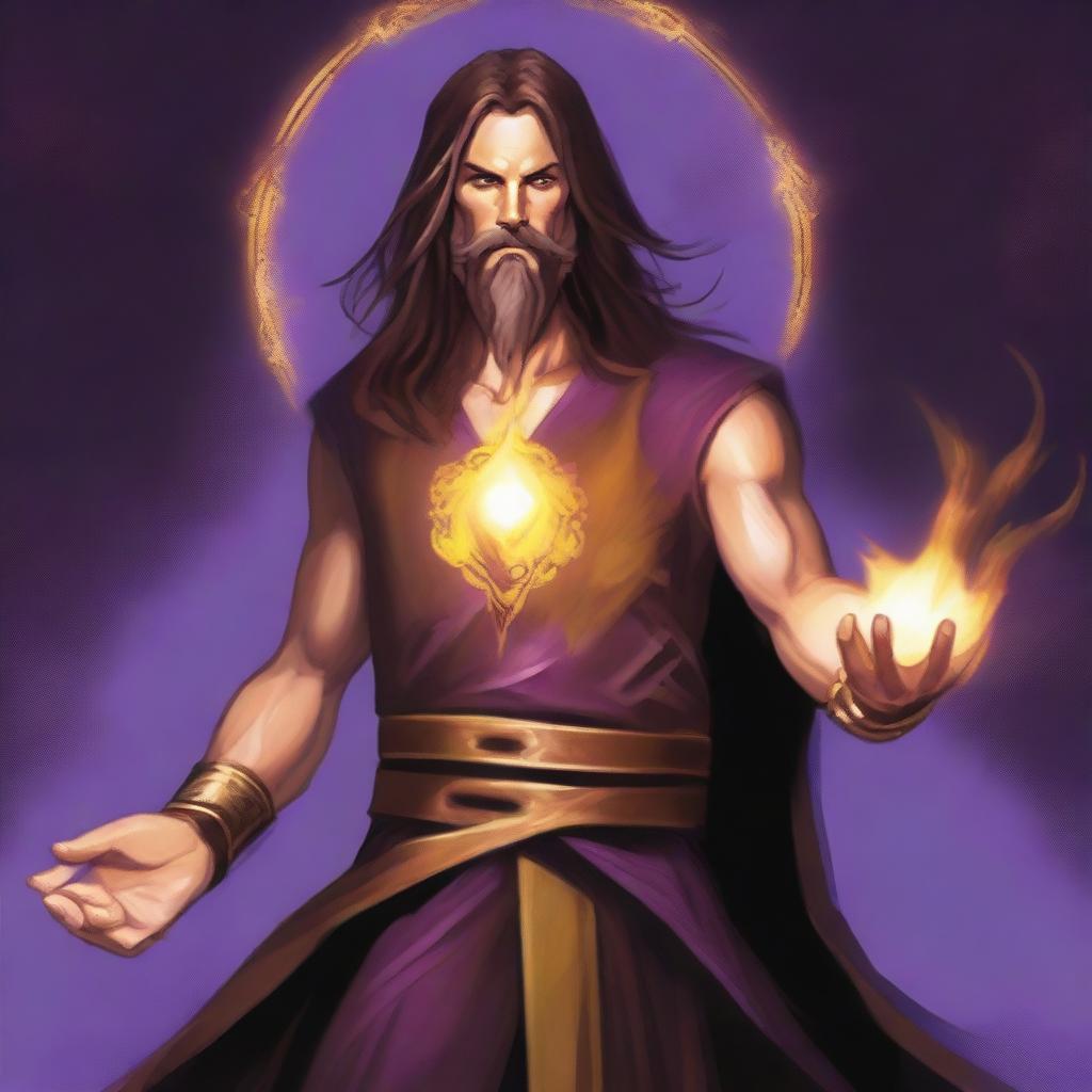 A white-skinned sorcerer with long brown hair and a thin brown beard, wearing a light star on his forehead