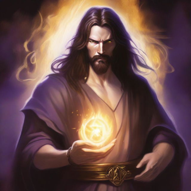 A white-skinned sorcerer with long brown hair and a thin brown beard, wearing a light star on his forehead