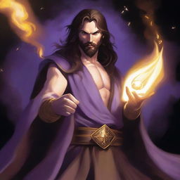 A white-skinned sorcerer with long brown hair and a thin brown beard, wearing a light star on his forehead