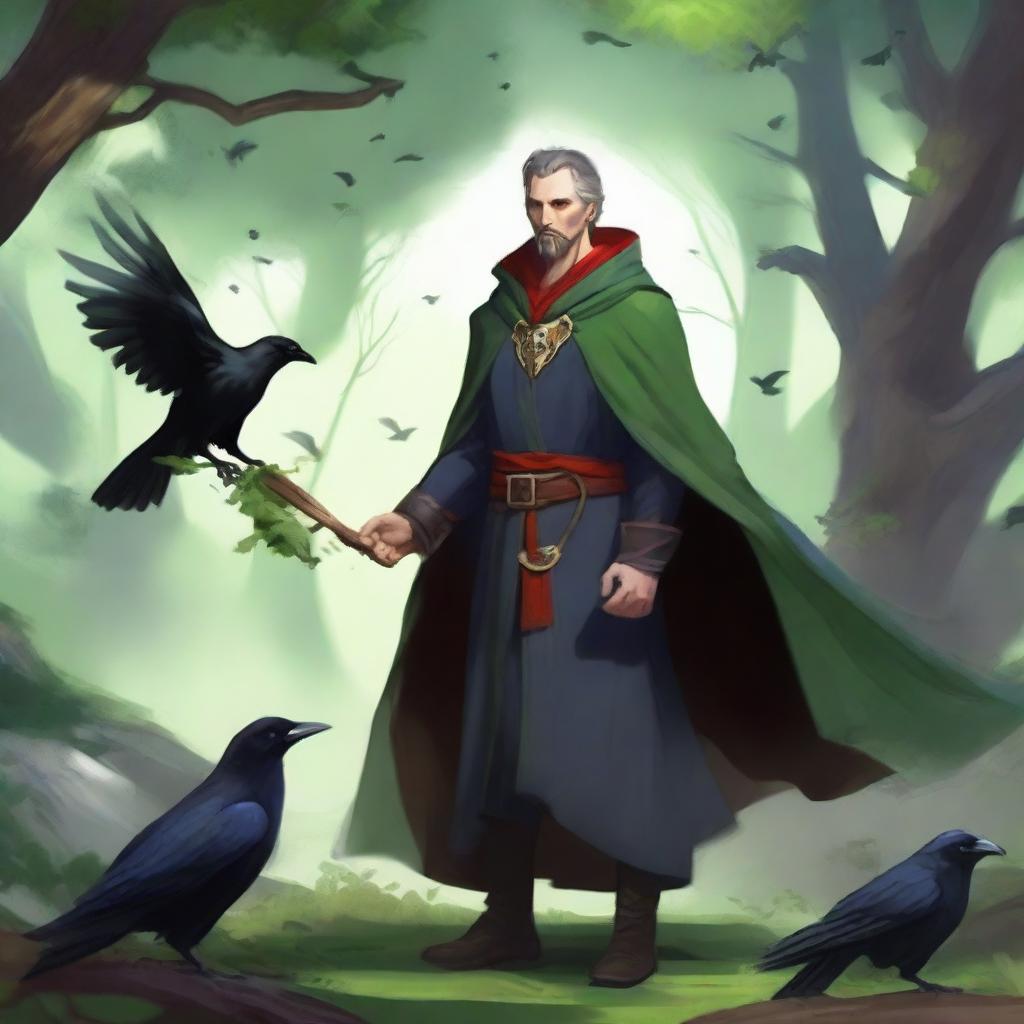 An elven druid man, resembling Doctor Strange, with a deep connection to nature and surrounded by ravens