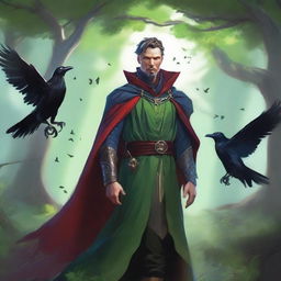 An elven druid man, resembling Doctor Strange, with a deep connection to nature and surrounded by ravens