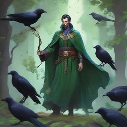 An elven druid man, resembling Doctor Strange, with a deep connection to nature and surrounded by ravens