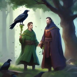 An elven druid man, resembling Doctor Strange, with a deep connection to nature and surrounded by ravens