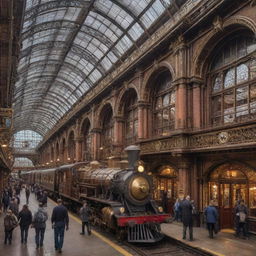 A bustling steampunk train station brimming with ornate iron structures, retro clockwork mechanisms, and steam-powered locomotives amidst the Victorian-era architectural style.