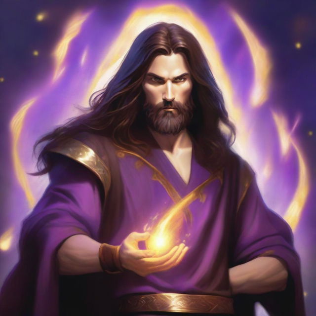 A white-skinned sorcerer with long brown hair and a thin brown beard